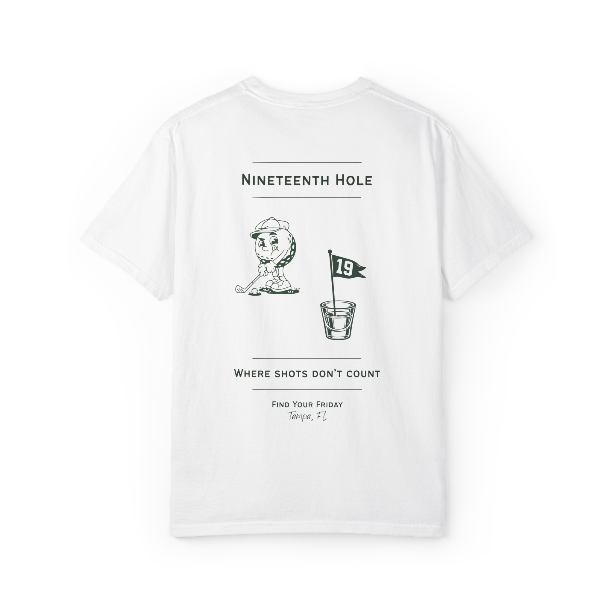 Nineteenth Hole Tee White - back graphic with shot glass design